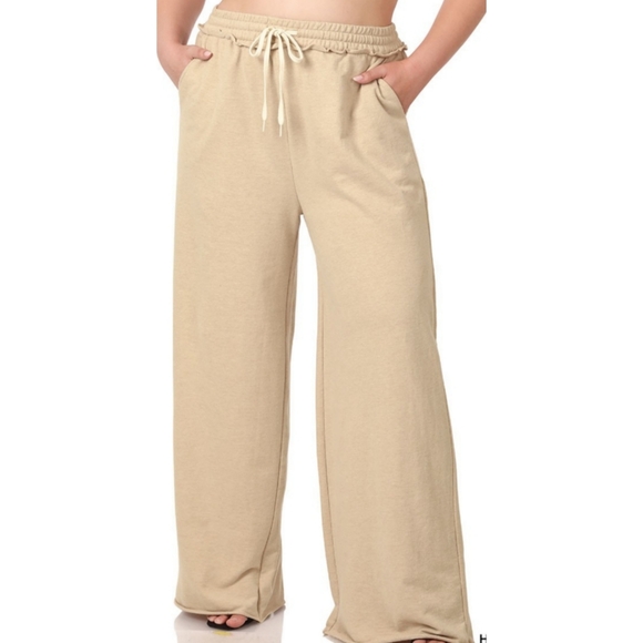 Zenana Outfitters Pants - K38 🌟 Beige Plus French Terry Wide Leg Drawstring Sweatpant